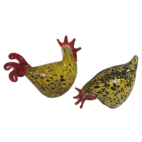 Murano Style Blown Italian Art Glass Yellow Speckled Rooster Hen Chicken Set - Picture 4 of 16